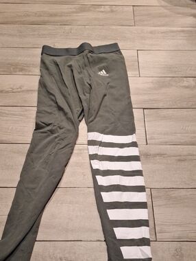 adidas Olive Green Kids Leggings with White Stripe Accent